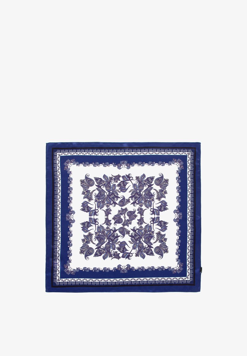 Foulard di seta con un delicato motivo floreale blu e bianco, bordato da bordi blu scuro. Finitura strutturata, design quadrato.