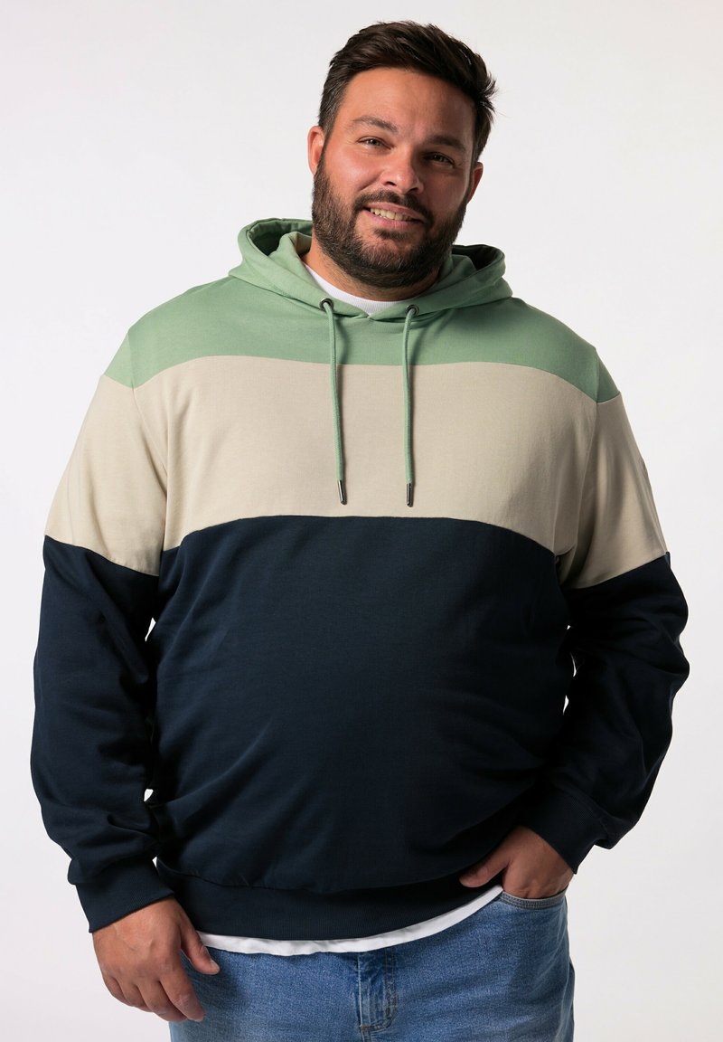 Sudadera con capucha en tres bloques de color: verde claro, beige y azul marino. Fabricada en tejido suave con cordón ajustable y puños acanalados. Ajuste casual.