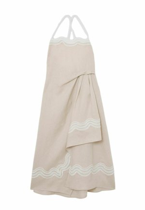Bež obleka brez rokavov s tankimi naramnicami, belim valovitim čipkastim trakom na izrezu in spodnjem robu ter večplastnim tkaninskim detajlom na eni strani.