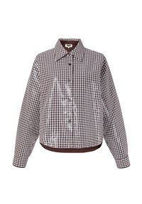 Bruin-wit geruit shirt met lange mouwen, een puntige kraag en knoopsluiting aan de voorkant, met subtiele glanzende paillettenaccenten.