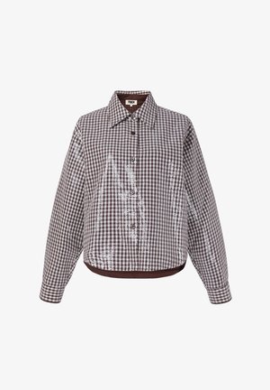 Bruin-wit geruit shirt met lange mouwen, een puntige kraag en knoopsluiting aan de voorkant, met subtiele glanzende paillettenaccenten.