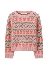 Pull en tricot rose clair avec un motif multicolore de cœurs et de diamants en corail, vert et marron. Ourlets et poignets côtelés.