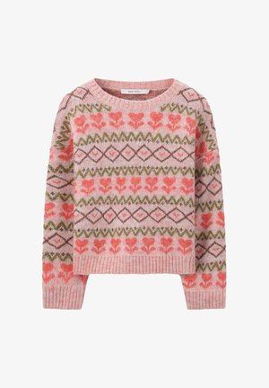 Lichtroze gebreide sweater met een multikleurig patroon van harten en diamanten in koraal, groen en bruin. Geribbelde zoom en manchetten.