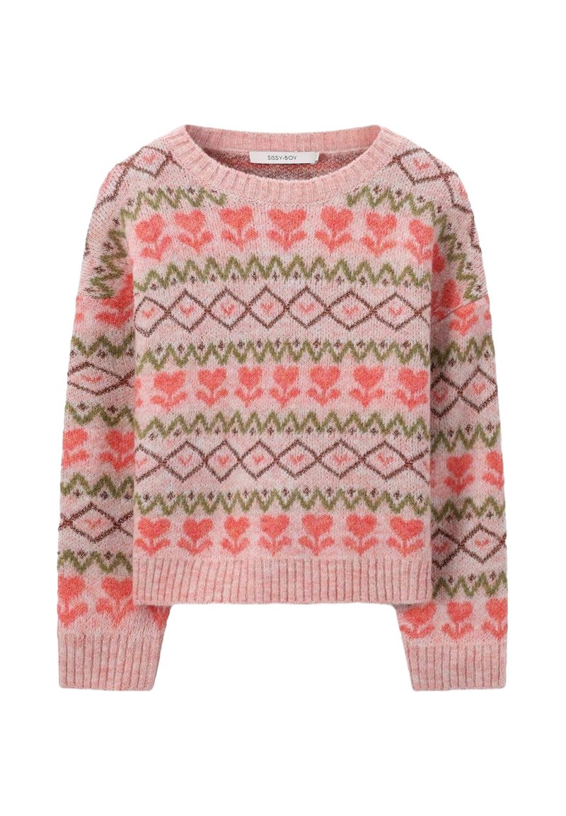 Pull en tricot rose clair avec un motif multicolore de cœurs et de diamants en corail, vert et marron. Ourlets et poignets côtelés.