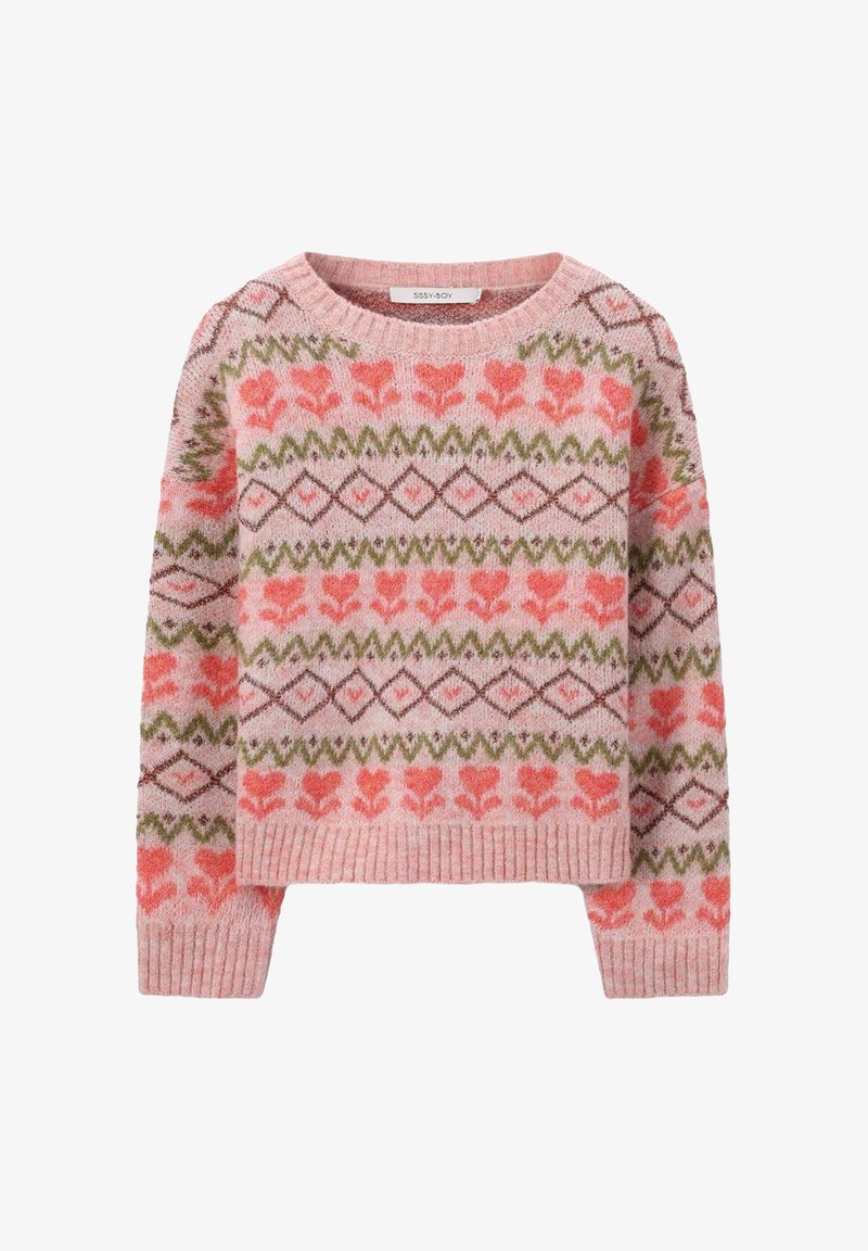 Pull en tricot rose clair avec un motif multicolore de cœurs et de diamants en corail, vert et marron. Ourlets et poignets côtelés.