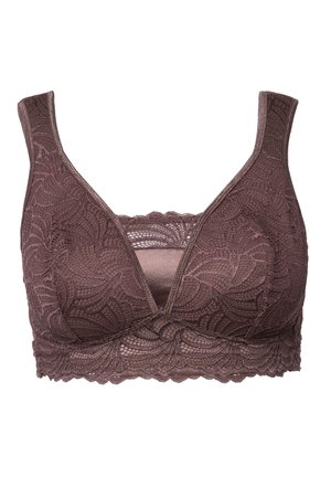 Reggiseno in pizzo di un profondo mauve con design a V, spalline larghe, bordi scallop e dettaglio floreale su coppe e fascia.