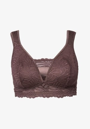 Koronkowy biustonosz w głębokim odcieniu mauve z dekoltem w kształcie litery V, grubymi ramiączkami, falbaniastymi krawędziami oraz detalami w kwiatowy wzór na miseczkach i obwodzie.