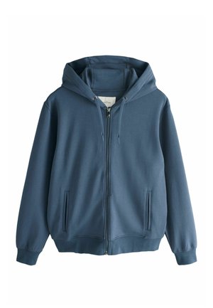Kapuzensweatshirt mit Reißverschluss in einem gedämpften Blau, aus weichem Stoff mit glatter Textur, ausgestattet mit Seitentaschen und verstellbaren Kordeln.