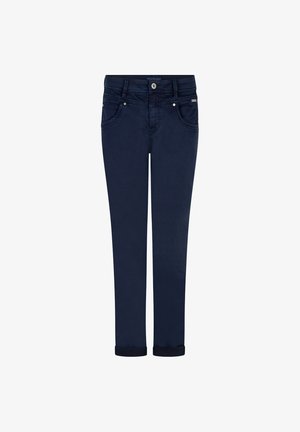 Marineblauwe slim-fit broek voor kinderen met opgerolde boorden, knoopsluiting aan de voorkant, riemlussen en voor- en achterzakken.