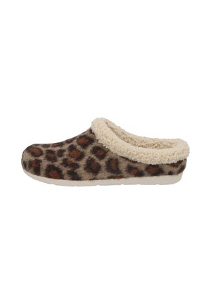 Leopard print slippers with a soft cream fur collar and lining. The material appears fuzzy, with a slightly textured surface and flat sole.
