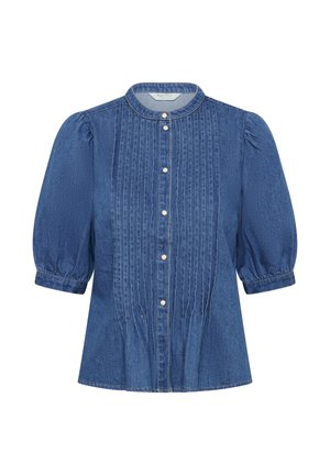 Džinsa blūze ar uzpampušām trīs ceturtdaļu piedurknēm, vertikālām šuvēm priekšpusē, pērļu pogām un apaļu apkakli.