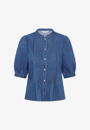 Jeansbluse mit aufgepufften Dreiviertelärmeln, vertikalen Biesen auf der Vorderseite, Perlmutt-Druckknöpfen und rundem Kragen.