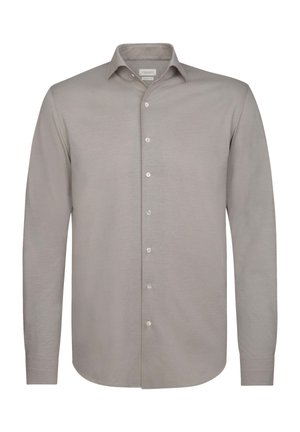 Camisa de manga larga gris claro, hecha de una tela suave, con cuello, botonadura frontal y dobladillo redondeado. Los botones son blancos y están equidistantes.
