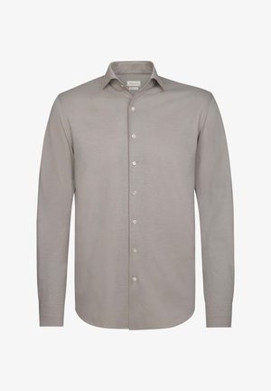 Hellgraues Langarmshirt aus glattem Stoff, mit Kragen, durchgehender Knopfleiste und abgerundetem Saum. Die Knöpfe sind weiß und gleichmäßig verteilt.