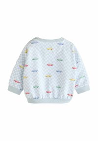 Lichtblauwe sweatshirt met een checkerboardpatroon en kleine, veelkleurige autoprints. Geribbeld bij de mouwen en de hals.