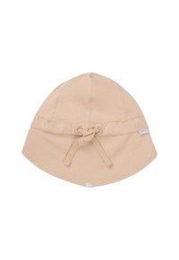 Beige Baumwoll-Sonnenhut mit breiter Krempe, verstellbarem Zugschnur und einem kleinen Etikett. Glatte Textur und einfaches, ungeschmücktes Design.
