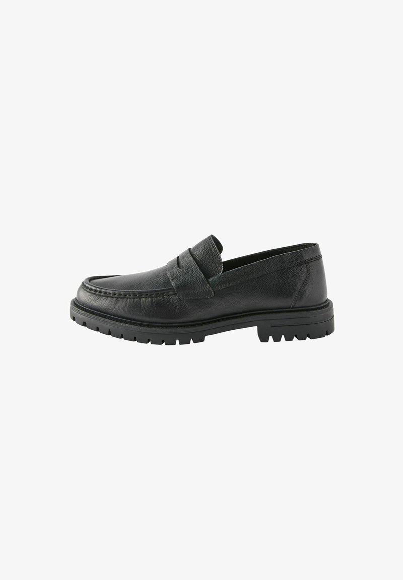Schwarzer Lederloafer mit strukturiertem Obermaterial, detaillierter Naht und robustem Gummisohle. Verfügt über ein schlankes Design und ein breites Zehenprofil.
