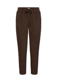 Tumed pruunid kitsenevad dressipüksid, millel on elastne vöökoht ja string, küljetaskud ning ette õmmeldud voldid.