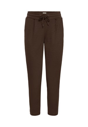 Tamsiai rudos spalvos siaurėjantys sportiniai kelnės su elastinga juosta ir raišteliu, šoniniais kišenėmis ir siūtomis klostėmis priekyje.