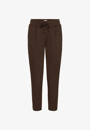 Tamsiai rudos spalvos siaurėjantys sportiniai kelnės su elastinga juosta ir raišteliu, šoniniais kišenėmis ir siūtomis klostėmis priekyje.