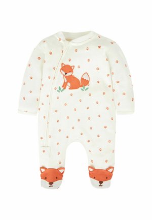 Weißer Baby-Strampler mit einem orangefarbenen Fuchs-Design auf der Brust und Pfotenabdrücken über den gesamten Stoff. Akzente setzen Fuchs-Gesichter auf den Füßen. Weiches Material.