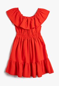 Rotes Kleid mit Rüschenausschnitt, elastischem Taillenbund und gestuftem Volant-Saum. Durchgehend strukturierter Stoff, der einen leichten Look erzeugt.