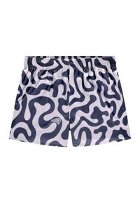 Pantaloni de înot cu o bază albă și un model abstract în nuanțe de bleumarin, având un cip elastic la talie și un mic logo în partea stângă față.