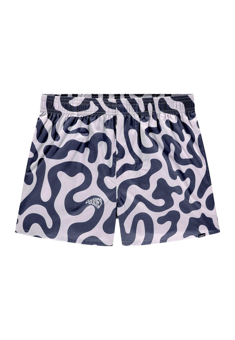 Pantaloni de înot cu o bază albă și un model abstract în nuanțe de bleumarin, având un cip elastic la talie și un mic logo în partea stângă față.
