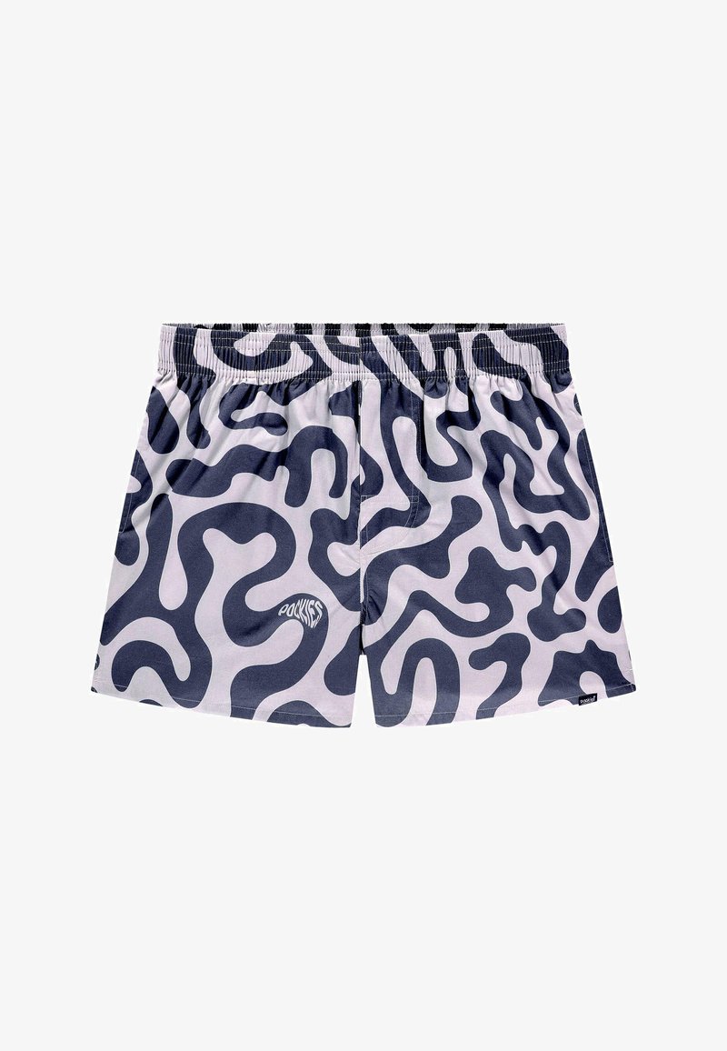 Maillot de bain avec une base blanche et un motif abstrait bleu marine, doté d'une taille élastique et d'un petit logo sur le devant à gauche.