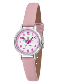 Runde Uhr mit einem weißen Ziffernblatt, das ein Einhorn-Design zeigt, pinken Stundenmarkierungen und einem hell rosa Lederarmband. Silbernes Gehäuse und Akzente.