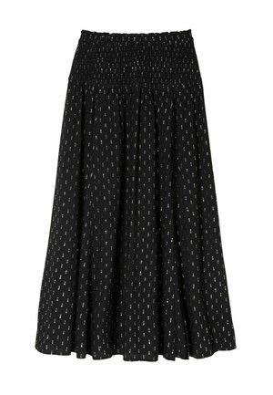 Schwarzer Rock mit rüschiertem Bund, der ein fließendes Design und kleine weiße Muster im gesamten Stoff aufweist.