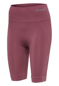 Burgundy atletiska shorts gjorda av elastiskt tyg, med en hög midja med logotyp, texturerade sidor och en längd som når mitten av låret.