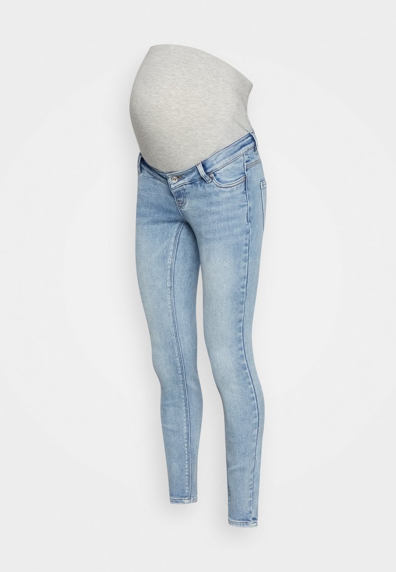 Jeans de maternidade em denim azul claro, com um painel abdominal cinza elástico e um corte skinnny. Inclui design de cinco bolsos e fecho frontal com botão.