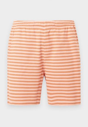 Gestreepte shorts met afwisselend perzikkleurige en lichtroze horizontale lijnen, gemaakt van een zachte, lichte stof met een elastische tailleband.