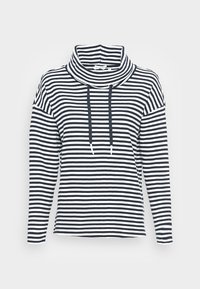 Proužkovaná mikina s vysokým límcem, s vodorovnými námořnickými a bílými pruhy a šňůrkou u výstřihu. Texturovaná látka.