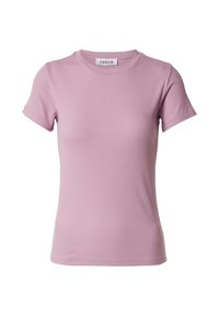 Korte mouw ribbed T-shirt in lichtroze met een ronde hals. Soepele textuur, slim fit ontwerp en subtiele stretch. Etiket leest "EDITED."