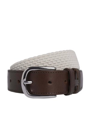 Ceinture en tissu blanc tissé avec une sangle en cuir marron, boucle en métal argenté et trous réglables pour personnaliser la taille.