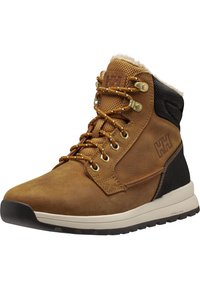 Bruine leren wandelschoen met zwarte textiele accenten, metalen oogjes en witte veters. Voorzien van een gevoerde kraag en een gestructureerde zool.
