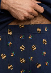 Calzoncillos azul marino con una cintura elástica que presenta repetidos logotipos dorados de "HP" y emblemas coloridos de casas de un tema de magos.