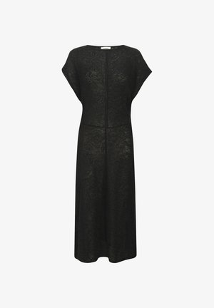 Vestido de encaje negro con un corte holgado, mangas de capucha, escote redondo y dobladillo a medio largo. Presenta un sutil patrón floral en toda la prenda.