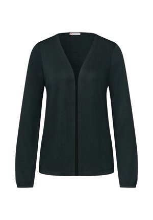 Zwarte lange mouw open-front cardigan met V-hals en elastische manchetten, eenvoudig ontwerp, zonder knopen of sluitingen.