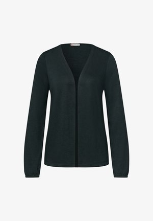 Cárdigan negro de manga larga, abierto al frente con escote en V y puños elásticos, diseño sencillo, sin botones ni cierres.