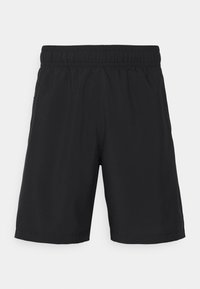 Pantalones cortos deportivos negros con cintura elástica, textura suave, corte hasta la rodilla y sin patrones ni acentos visibles.