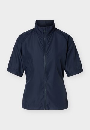 Μπουφάν σε ναυτικό μπλε χρώμα με κοντά μανίκια, ψηλό γιακά και μπροστινό φερμουάρ, κατασκευασμένο από ελαφρύ, αδιάβροχο ύφασμα.