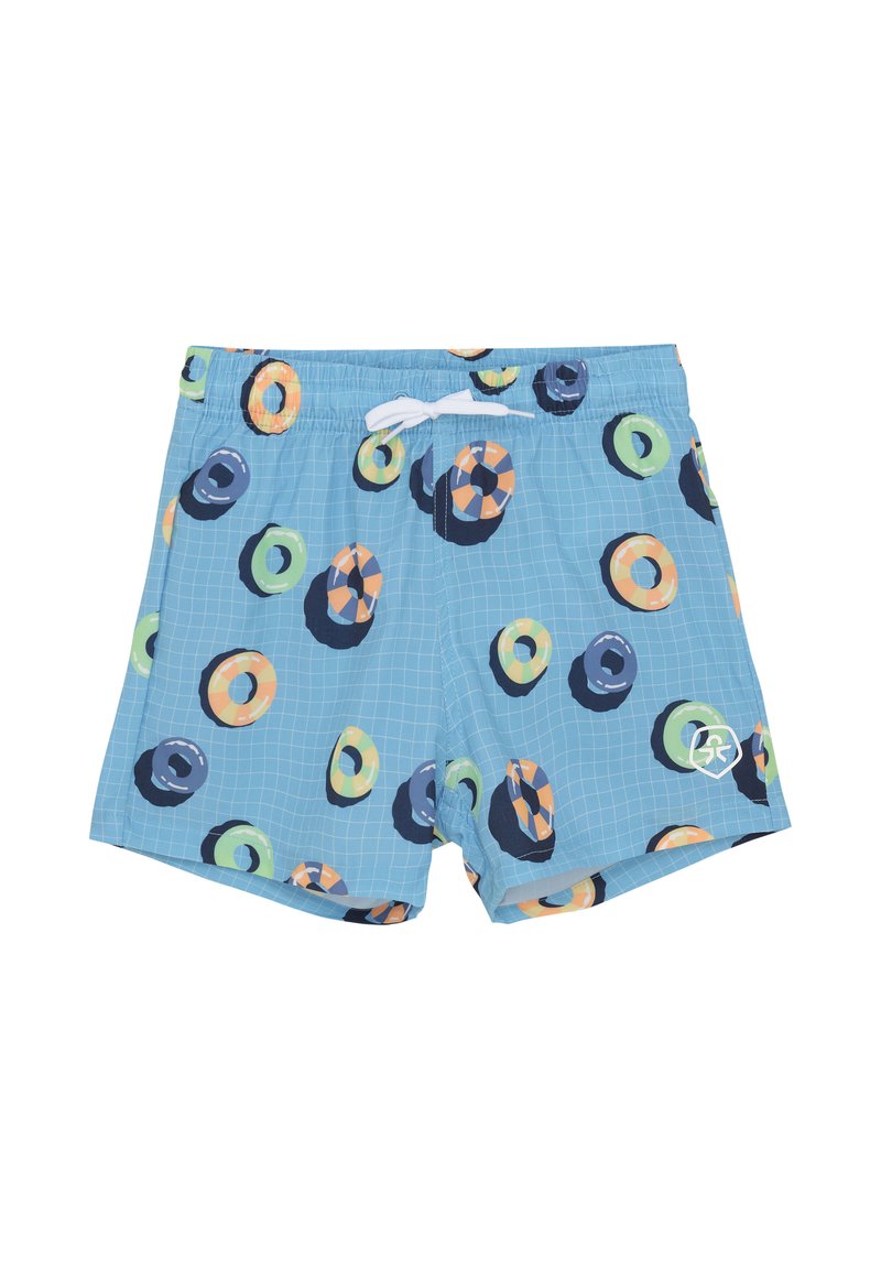 Blå simshorts med rutmönster och färgglada cirkulära mönster i grönt, orange och marinblått. Elastisk midja med dragsko.