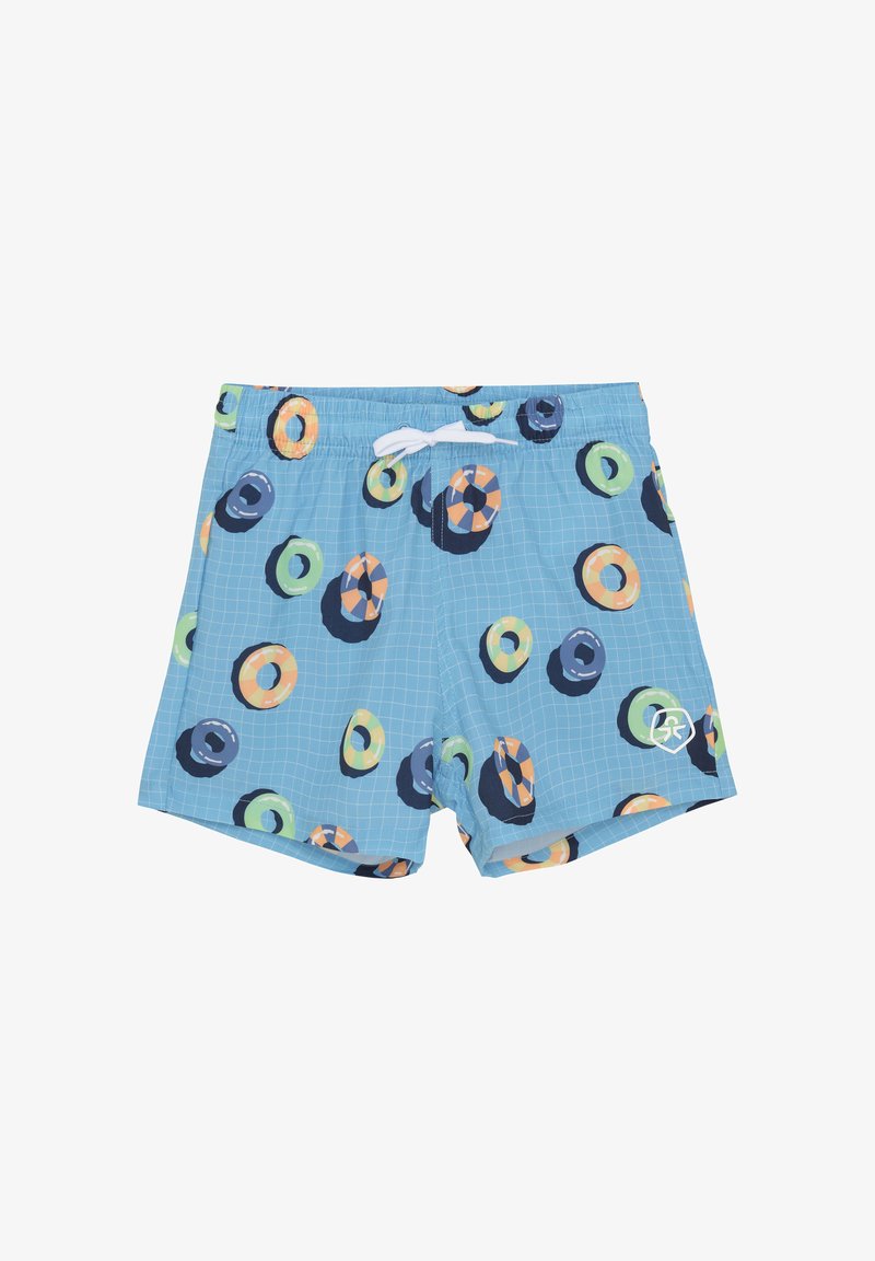 Niebieskie kąpielówki z siatkowymi wzorami w multikolorowe okrągłe wzory w kolorach zielonym, pomarańczowym i granatowym. Elastyczna talia z sz nurkiem.