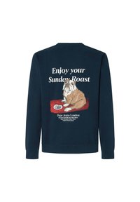 Sudadera azul marino con una ilustración de un bulldog y el texto "Disfruta de tu asado dominical", con puños acanalados y cuello redondo.