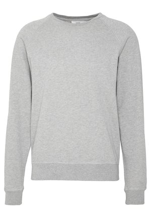 Vaaleanharmaa svetari pehmeästä kankaasta, jossa on pyöreä pääntie, pitkät raglan-hihat sekä resorit hihansuissa ja helmassa. Sileä pinta.