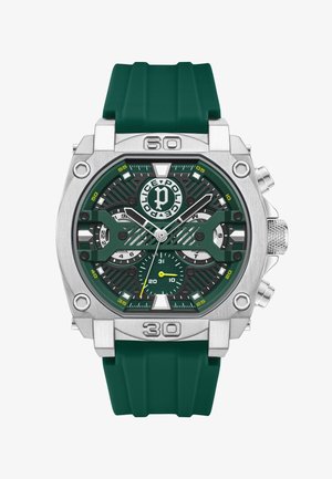 Zaļš nerūsējošā tērauda pulkstenis ar teksturētu ciparnīcu, hronogrāfa funkcijām un gumijas siksniņu. Iezīmē sudraba akcenti un redzamie ciparu marķējumi.