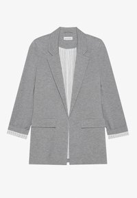 Blazer grigio chiaro in tessuto lavorato a maglia, con colletto a revers, due tasche frontali e foderatura a righe visibile ai polsini.